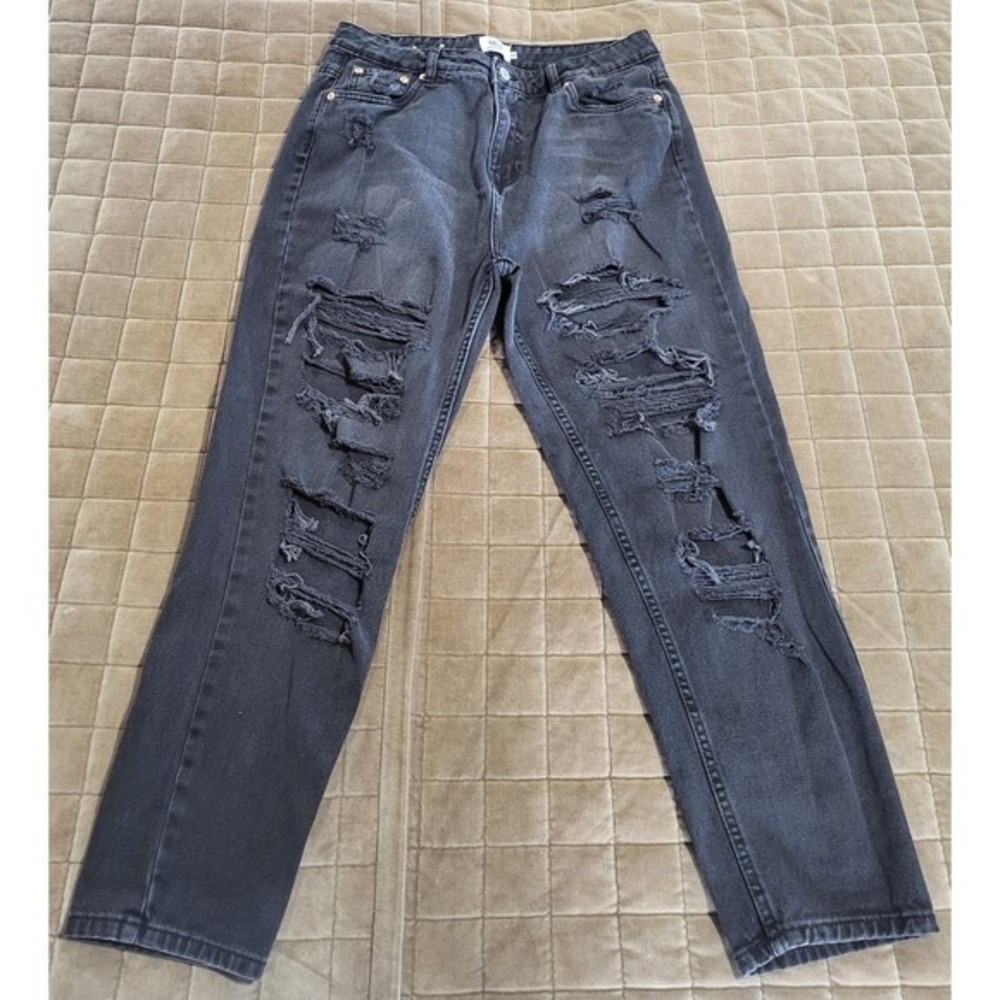 Refuge "Mom" Jeans Tapered High Rise Light Wash Distressed Black Denim Size 9